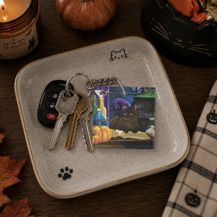 Witchy Brown Cat Magic Purple Full Moon Brewing Key Ring