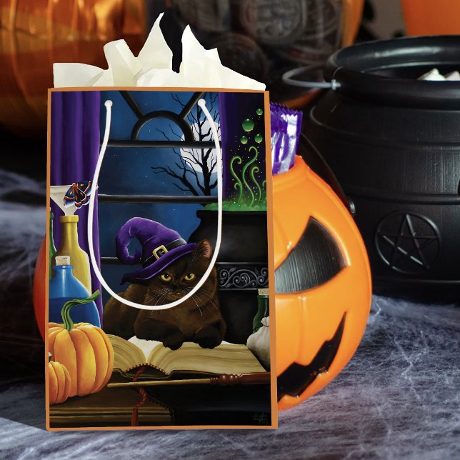 Witchy Brown Cat Magic Purple Full Moon Brewing Medium Gift Bag (Creator Uploaded)
