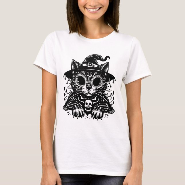 Witchy Cat Creepy Halloween  T-Shirt (Front)
