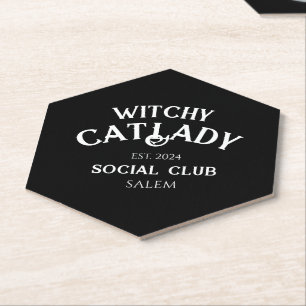 Witchy Cat Lady Social Club Custom Est. Date Black Paper Coaster