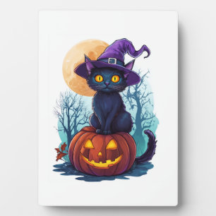 Witchy Cat on a Pumpkin Plaque