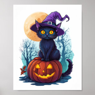 Witchy Cat on a Pumpkin Poster