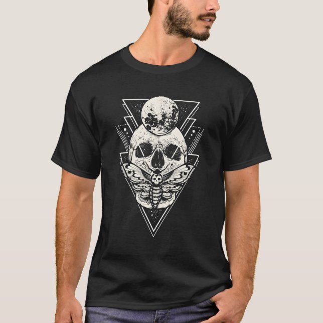 Witchy Celestial Lunar Moth Crescent Moon Star T-Shirt (Front)