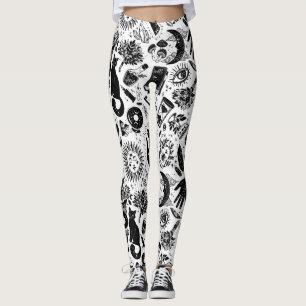 Witchy Celestial Pattern Black and White Mystica Leggings