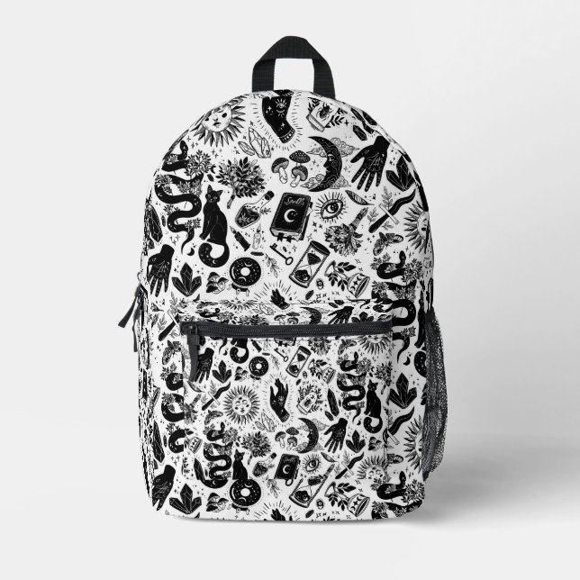 Witchy Celestial Pattern | Black and White Mystica Printed Backpack (Front)