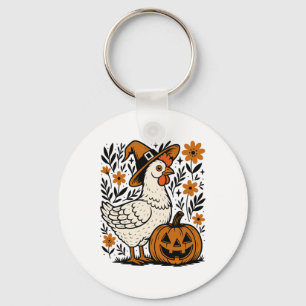 Witchy Chicken With Pumpkin Halloween Farm Autumn Key Ring