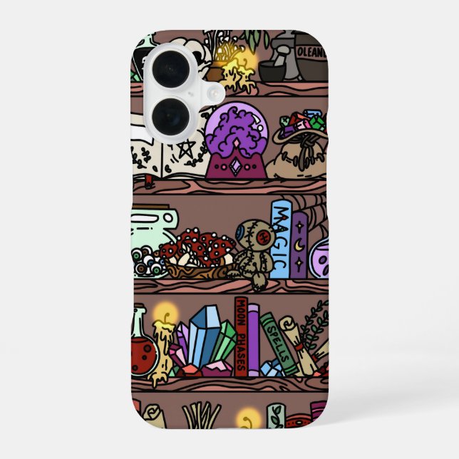 Witchy Cosy Bookshelf Clutter iPhone 16 Case (Back)