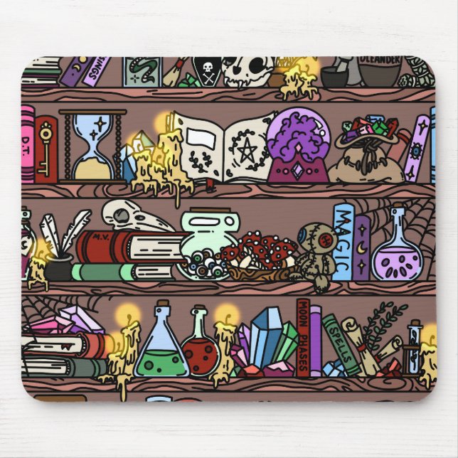 Witchy Cosy Cluttered Bookshelf Mouse Pad (Front)