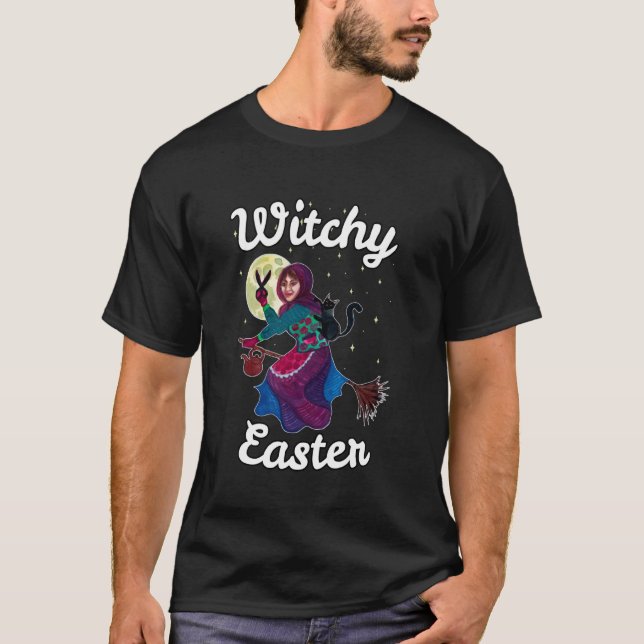 Witchy Easter  Witch, Black Cat and Starry Sky T-Shirt (Front)