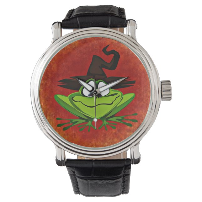 Witchy Frog Watch Vintage Leather Strap Black (Front)