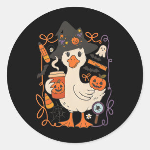 Witchy Goose Halloween Cute Pumpkin Fall Cosy Cott Classic Round Sticker