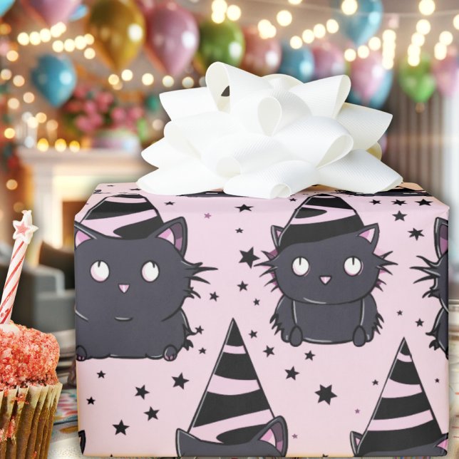 Witchy Goth Baby Pink Black Kitty Cat Birthday Wrapping Paper (pastel goth baby pink black kitty cat witchy wrapping paper witch cute whimsical witch hat stars)