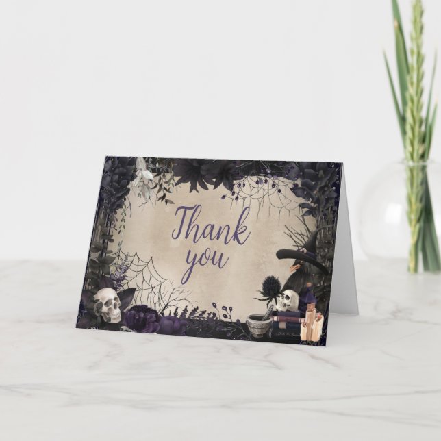 Witchy Gothic Halloween Baby Shower Thank You Card (Front)