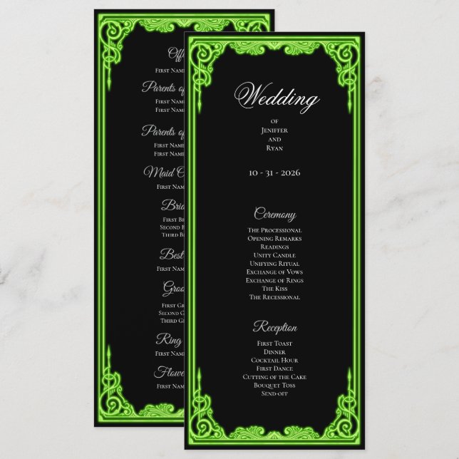 Witchy green Glow Gothic Wedding Program Menu (Front/Back)