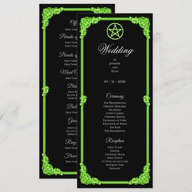 Witchy green Glow Gothic Wedding Program Menu (Front/Back)