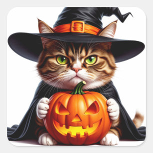 Witchy Grumpy Cat With Jack O Lantern Pumpkin 🎃 Square Sticker