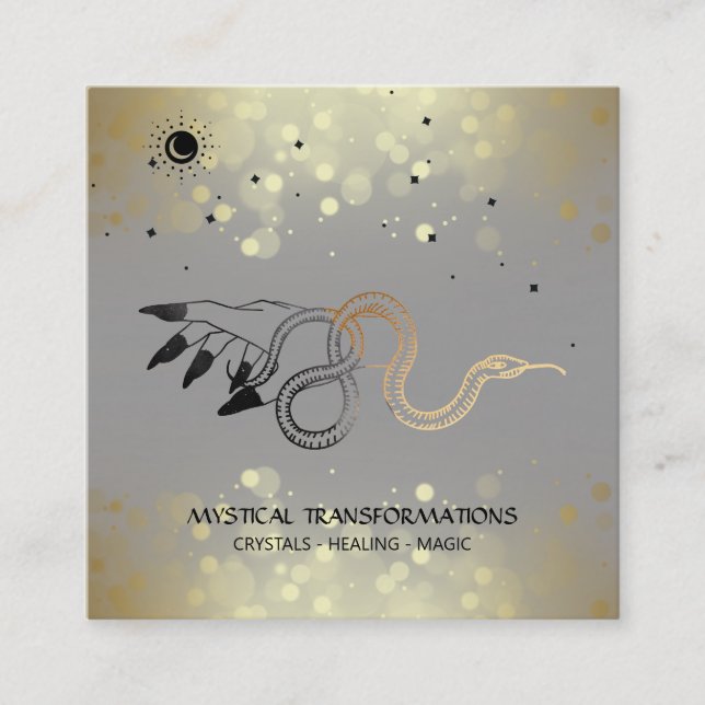 *~* Witchy Hand Gold Snake  Moon Magic Boho Grey   Square Business Card (Front)