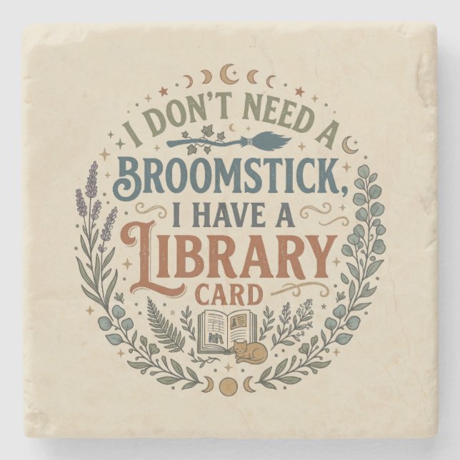 Witchy Librarian Library Card Book Lover Stone Coaster (Front)