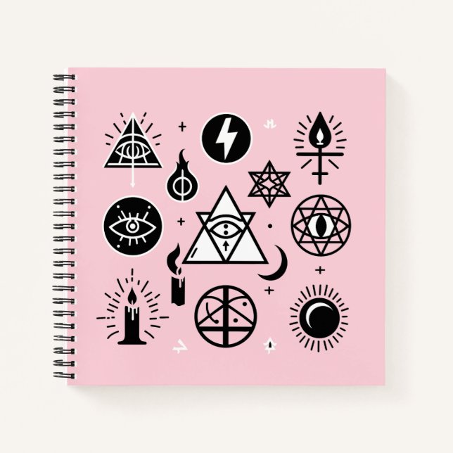 Witchy, Magical, Occult Symbols Black on Pink Notebook (Front)
