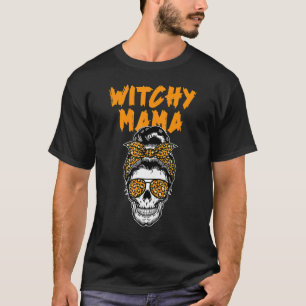 Witchy Mama Lazy Halloween Costume Messy Bun Skul T-Shirt