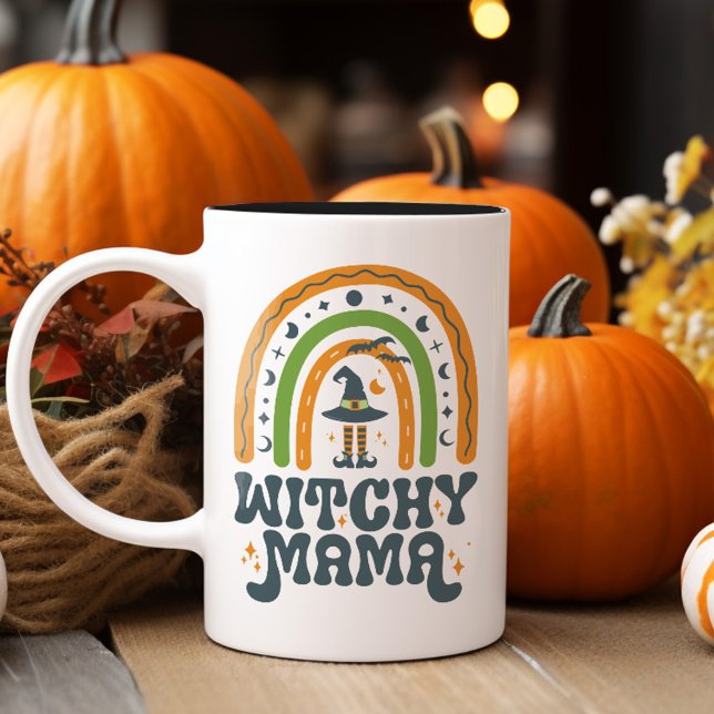 Witchy Mama Mum Mother Rainbow Groovy Halloween  Two-Tone Coffee Mug (Witchy Mama Mom Mother Rainbow Groovy Halloween Two-Tone Coffee Mug)