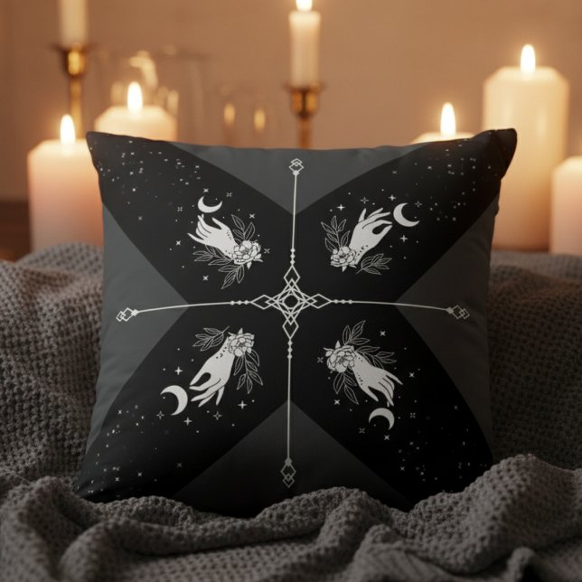 Witchy Noir Celestial Moon Black and White Cushion (Unleash the magic of the night with a captivating "Witchy Noir" Celestial Throw Pillow)