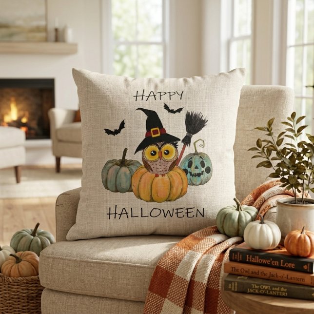 Witchy Owl Happy Halloween Cushion (Witchy Owl Happy Halloween Throw Pillow)