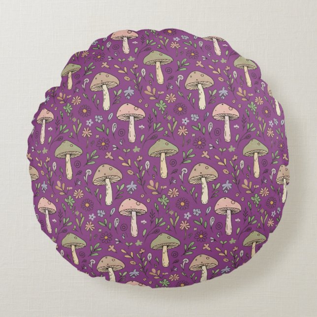Witchy Plum Purple Fungi Seamless Pattern Gift Round Cushion (Front)