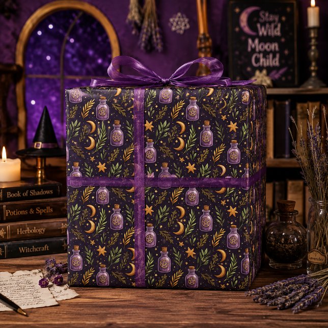 Witchy Potion Bottle Crescent Moon Dark Purple Wrapping Paper (Creator Uploaded)