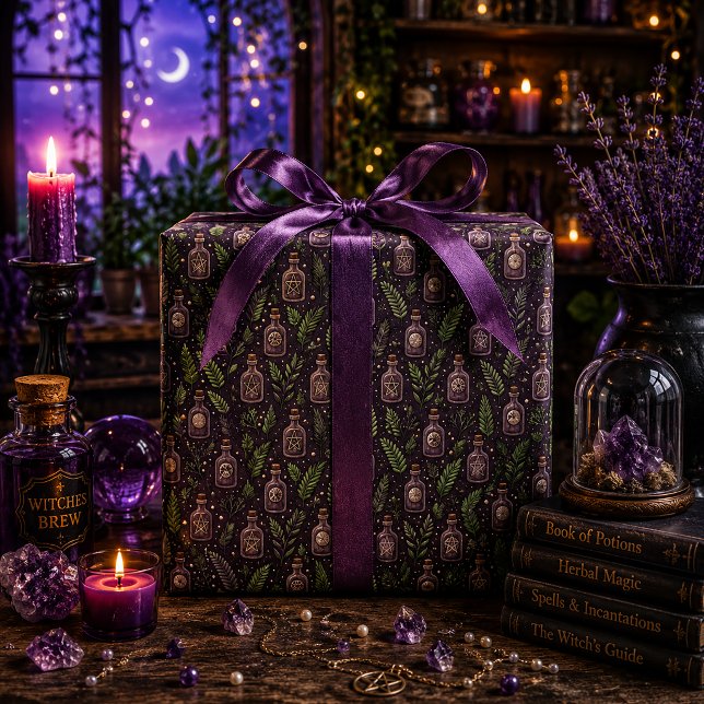 Witchy Potion Bottles Magic Herbs Dark Plum Wrapping Paper (Creator Uploaded)