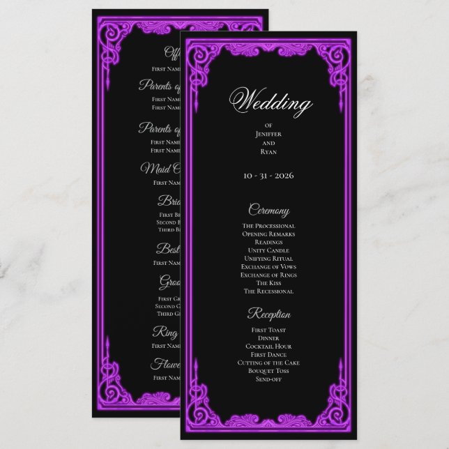 Witchy purple Glow Gothic Wedding Program Menu (Front/Back)