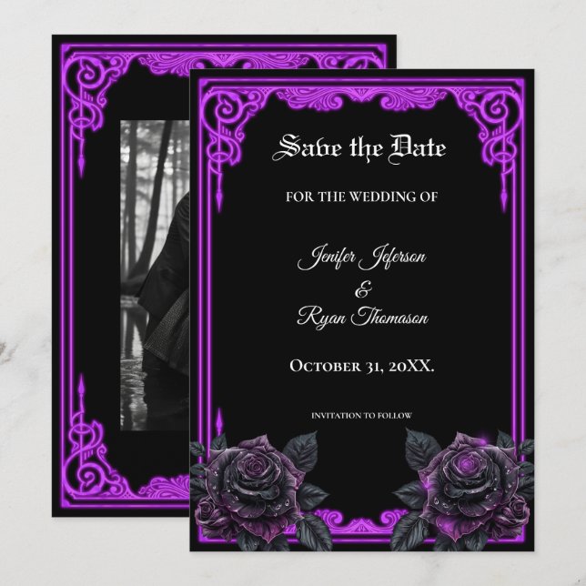 Witchy purple Glow Gothic wedding save the date Announcement (Front/Back)