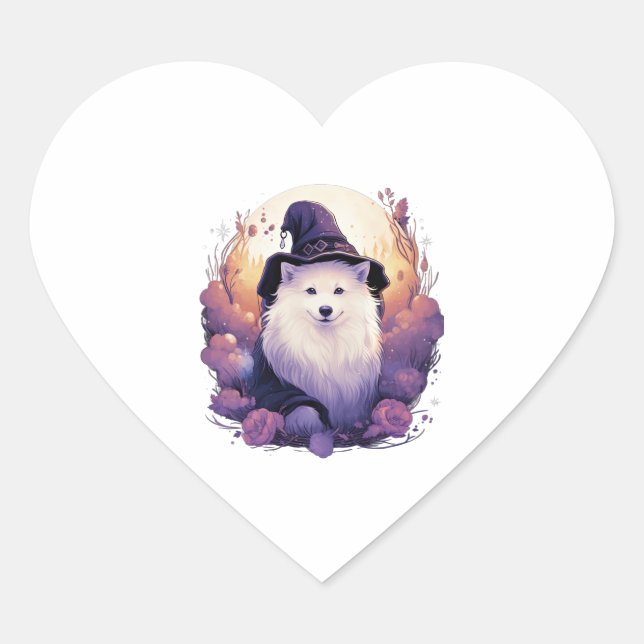 Witchy Samoyed Halloween Enchanted Dog Magic Desig Heart Sticker (Front)