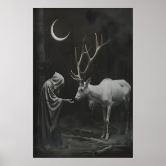 Witchy Stag Deer Art Print, Crescent Moon Dark Poster