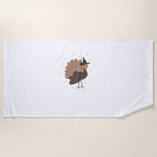 Witchy turkey with hat and sparkling stars illustr beach towel
