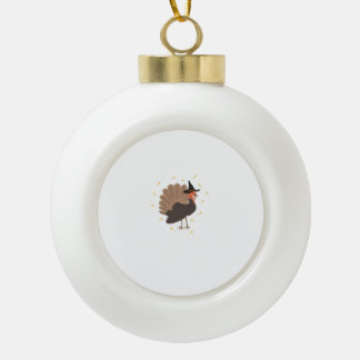 Witchy turkey with hat and sparkling stars illustr ceramic ball christmas ornament