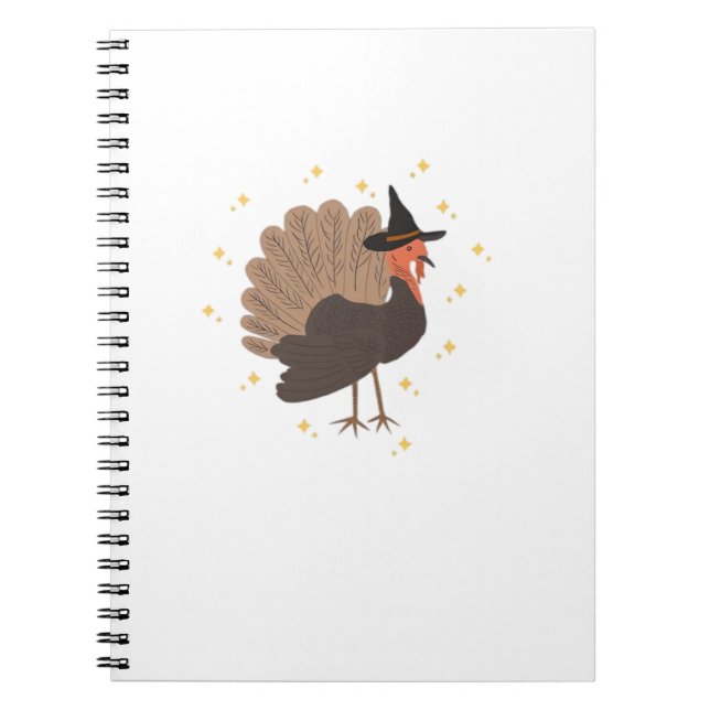 Witchy turkey with hat and sparkling stars illustr notebook (Front)