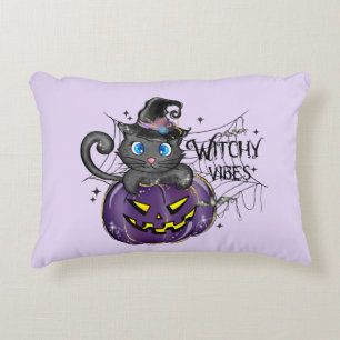Witchy Vibes – Black Cat on Purple Jack-O-Lantern Decorative Cushion
