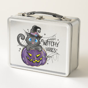 Witchy Vibes – Black Cat on Purple Jack-O-Lantern Metal Lunch Box