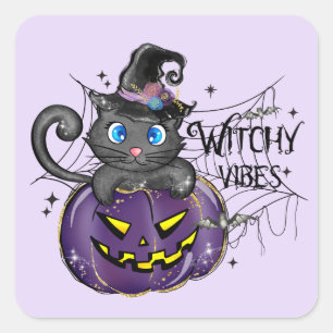 Witchy Vibes – Black Cat on Purple Jack-O-Lantern Square Sticker
