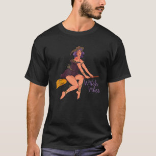 Witchy Vibes Flying Witch On Halloween T-Shirt