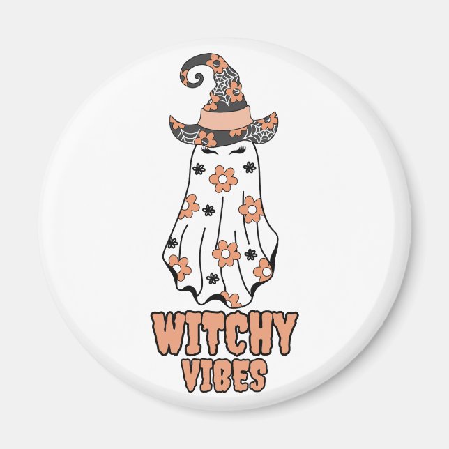 "Witchy Vibes" Halloween Witch Ghost Orange Magnet (Front)