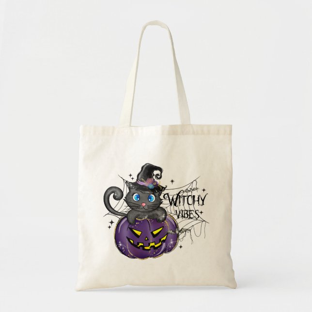 Witchy Vibes | WItch Black Cat and Jack-O-Lantern Tote Bag (Front)