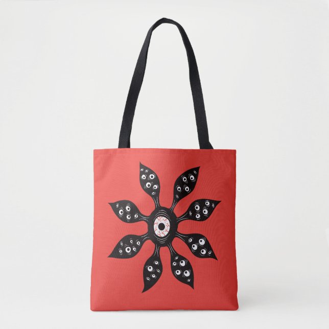 Witchy Weird Eye Creature Floral Horror Red Tote Bag (Front)