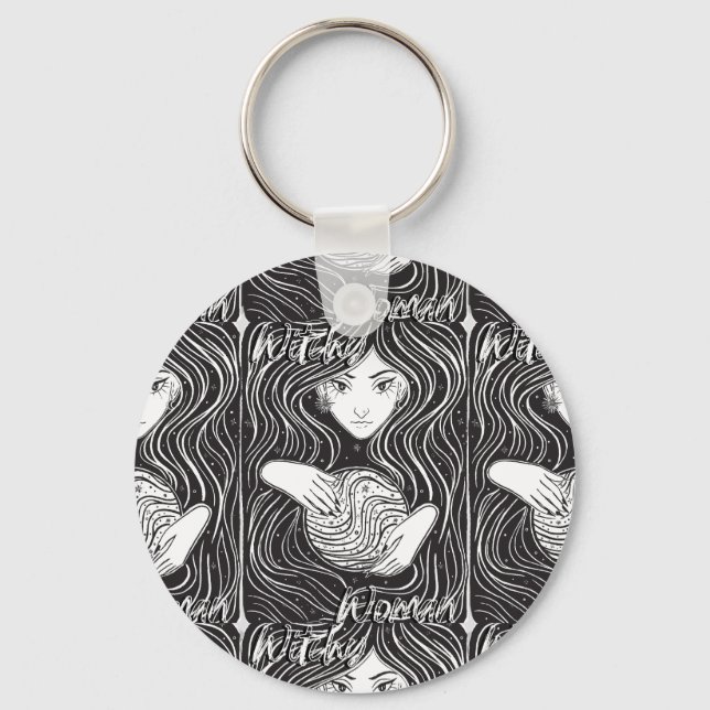 Witchy Woman Artistic Black and White Key Ring (Front)