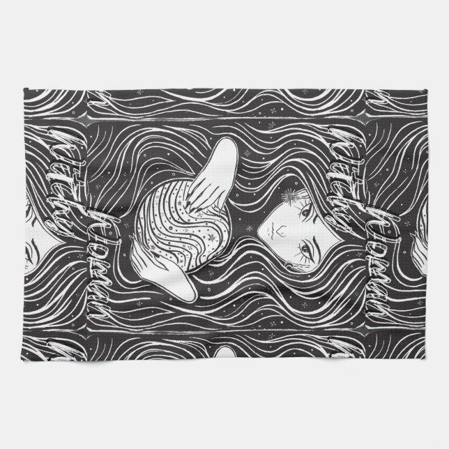 Witchy Woman Artistic Black and White Tea Towel (Horizontal)