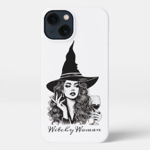Witchy Woman, Black Elegant Witch holding Wine iPhone 13 Case