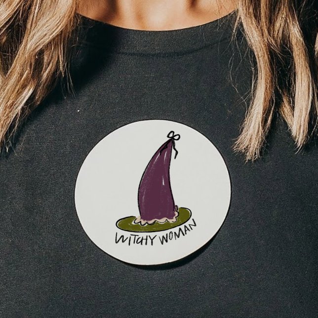 Witchy Woman Illustrated Purple Witch Hat Classic Round Sticker (Witchy Woman Illustrated Purple Witch Hat Classic Round Sticker)