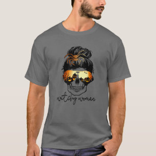 Witchy Woman Messy Bun Hair Skull Halloween Pumpki T-Shirt
