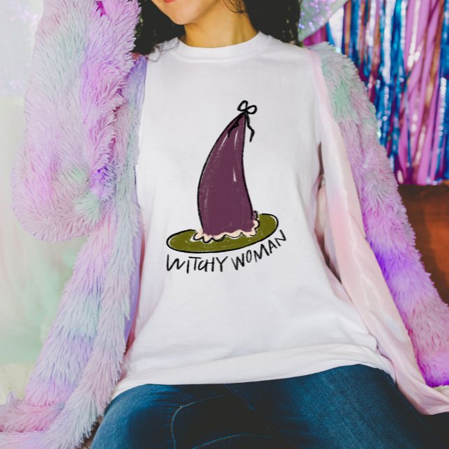 Witchy Woman Purple & Green Witches Hat Halloween T-Shirt (Witchy Woman witch's hat illustration and hand lettering t-shirt.)